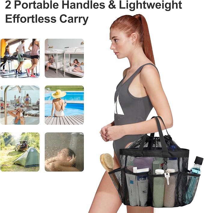 F-color Mesh Shower Caddy Portable with Drawstring - Upgrade Deeper 7 Pockets Dorm Room Essentials for Guys Girls with S Hook, Shower Bag Basket Tote for College Camping Toiletry Bathroom, Black