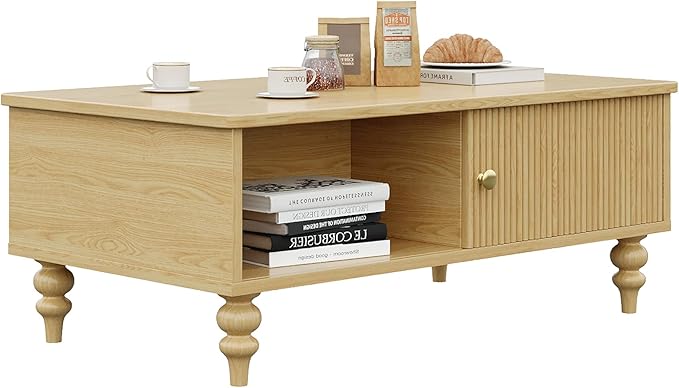 Mid-Century Modern Coffee Table, Wooden Fluted Entertainment Center with Open Storage Shelf, Rustic Living Room Furniture for Home & Office, Natural Oak