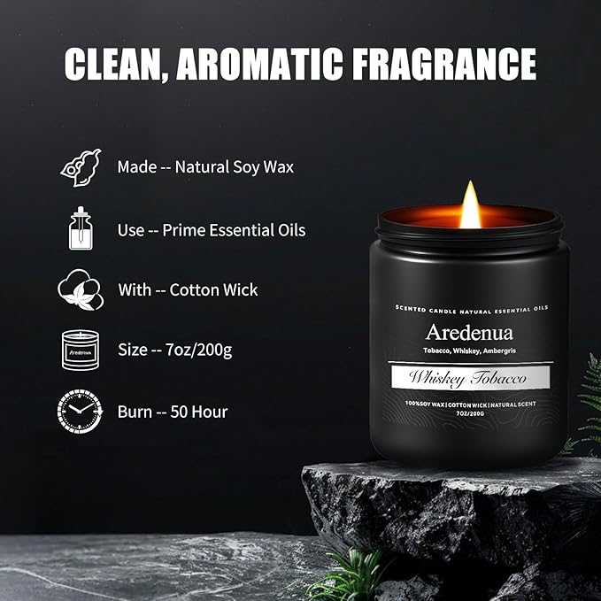 Whiskey Tobacco Candle, Manly Soy Candles for Home Scented, Masculine Scented Candles Aromatherapy Gifts for Men - 7oz Manly Candle, 50 Hours Burn Time, Perfect for Creating Relaxing Atmosphere