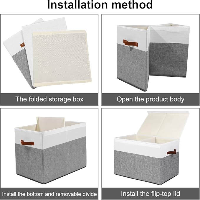 Large Toy Storage Box with Lid, Sturdy Toys Storage Chest Bin Organizer Basket with Dividers for Kids, Boys, Girls, Nursery, Closet, Bedroom, Playroom 25"x13" x16" (Grey and White)