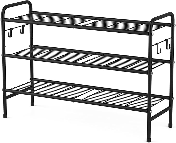 3 Tier Shoe Rack 33" Wide Metal Shoe Organizer Long Shoe Storage with 4 Side Hooks Sturdy Shoes Shelf for Front Door Entrance, Closet, Garage, Dorm, Black