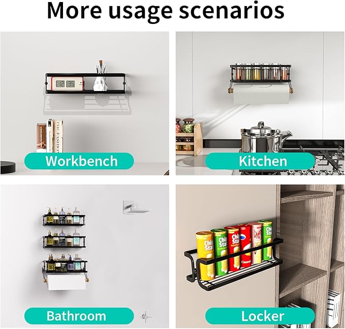 3 Pack Spice Rack Wall Mount | Kitchen Paper Towel Holder + 3 Hooks | Heavy Duty Metal Spice Jar Organizer | Screw/Adhesive (No Drill!) for Cabinet/Countertop/Pantry | S/M/L Sizes Black