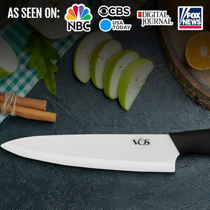 Vos Ceramic Chef Knife 8 Inch with Protection Cover – Large Ceramic Kitchen Knife for Slicing, Dicing, and Fruits – Lightweight Zirconia Blade – Luxury Gift Packaging – Ultra Sharp Chefs Knife (Black)
