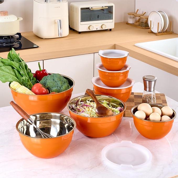 Orange Mixing Bowls with Lids Set of 7, Stainless Steel Nesting Bowl with Khaki Lid for Non-slip Mixing Prepping Storing Serving, 7 Sizes-7/3.6/2.7/2.1/1.5/1/0.8 QT