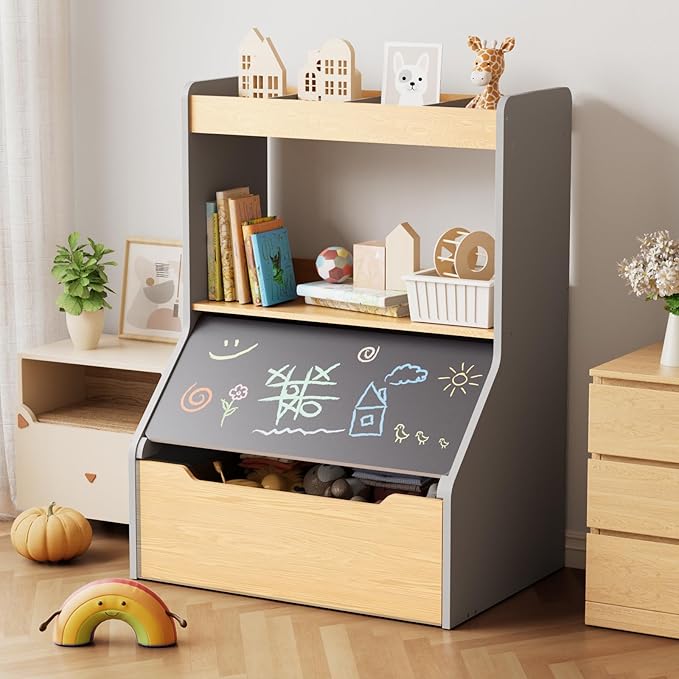 KORIMEFA 37.4" Tall Toy Box & Chalkboard Lid Wood Toddler Bookcase and Kid Toy Storage Bin & Organizer, Gray