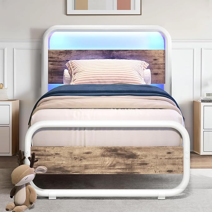 Catrimown Twin Size Bed Frame, Twin Size Platform Bed Frame with LED and Wood Headboard, Metal Rustic Bed Frame with Under Bed Storage, Noise Free, No Box Spring Needed, Easy Assembly, White