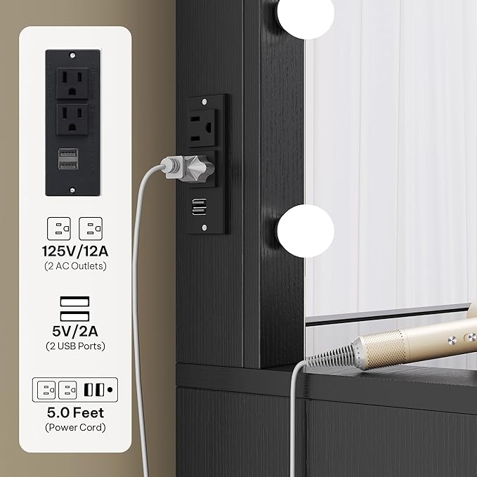 DWVO Black Vanity Desk with Mirror: Makeup Table Set with 14 LED Lights & Charging Station Magnifying Mirror, 3 Light Modes, 8 Drawers and Storage Stool