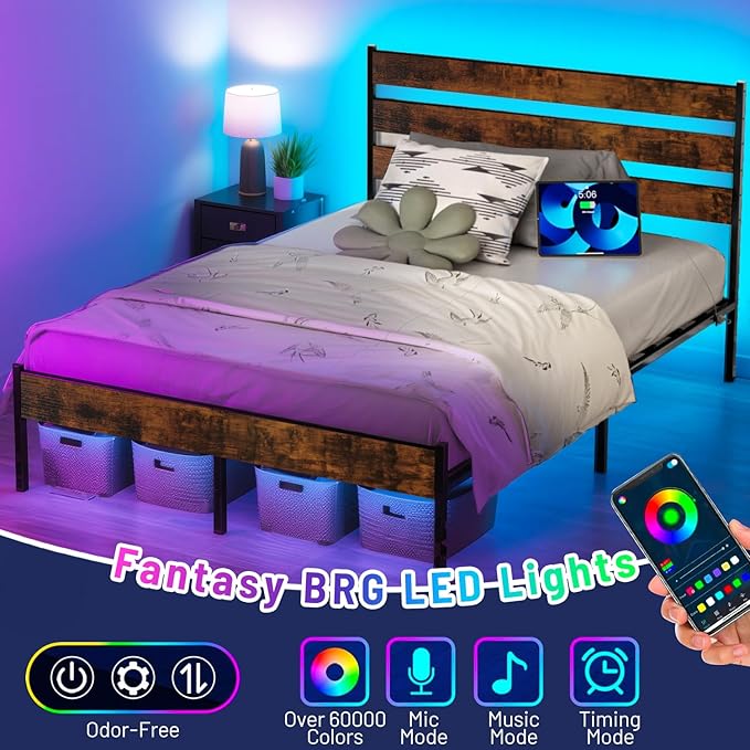 Full Size Bed Frame with Headboard,Heavy Duty LED Bed Frame with USB Charging Station,Mattress Foundation-Under Bed Storage, No Box Spring Needed, Noise Free,Brown