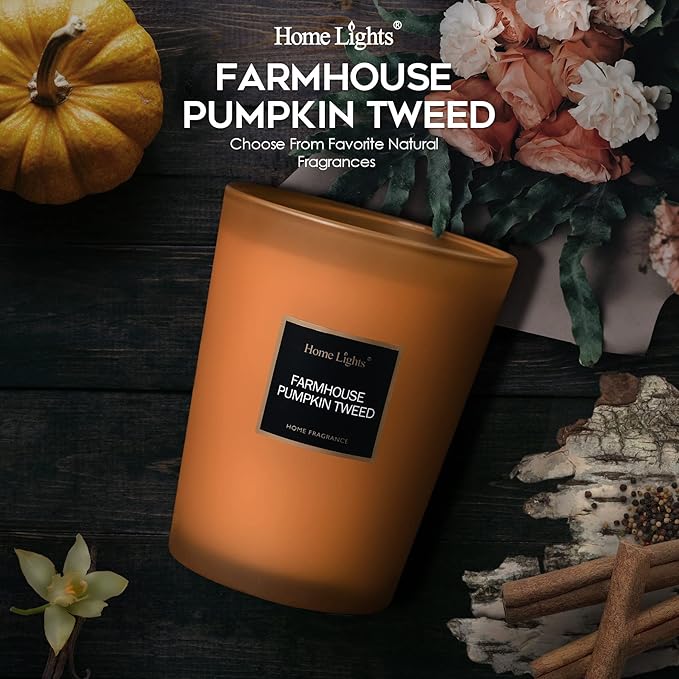 HomeLights Highly Scented Candles, Big 33.3 oz for Home, Natural Soy Aromatherapy Candles, Smokeless Long Lasting 130h with 3 Cotton Wicks, Candles Gifts for Women & Men - Farmhouse Pumpkin Tweed