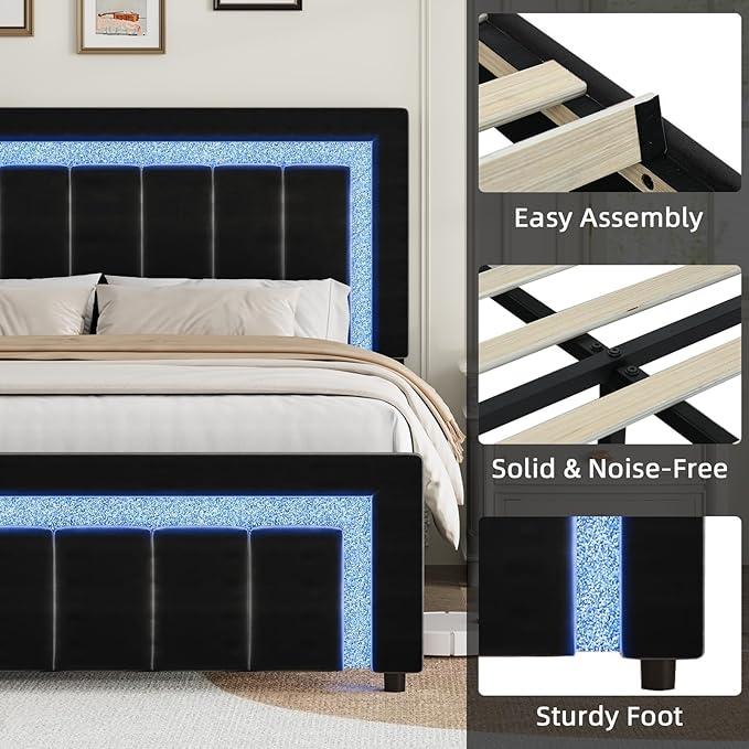 HOMBCK Full Size Bed Frame with LED Lights and Velvet Upholstered Headboard, Bed Frame Full with Modern Diamond Headboard Adjustable, Wooden Slats Support, Noise Free, No Box Spring Needed, Black