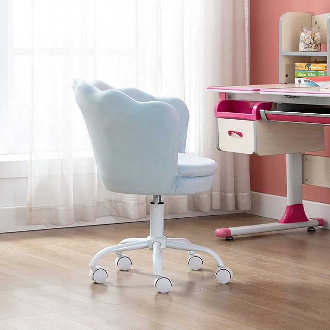 Velvet Kids Desk Chair Cute Computer Chair Modern Upholstered Swivel Arm Chair Adjustable Rolling Vanity Chair for Bedroom Living Room Girls (Blue)