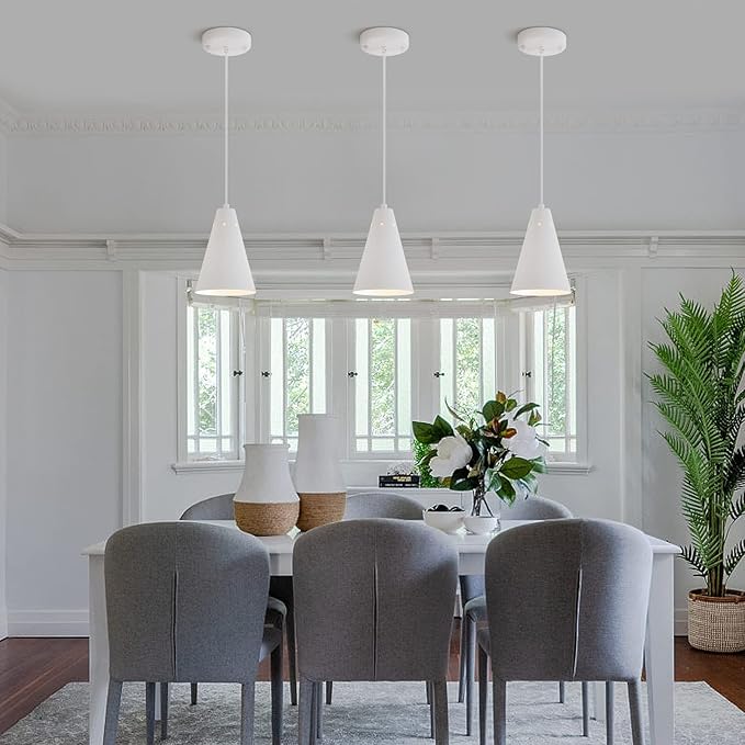Dijiahua White Pendant Lights Kitchen Island,Dining Room Light Fixtures Over Table 3 Pack with Cone Metal Shade, Modern Farmhouse Mini Chandeliers,Adjustable Cord Hanging Lighting for Bar,Sink
