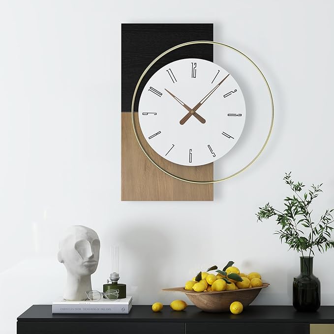 19x16 Inch Modern Silent Wall Clock Battery Operated, Wooden Farmhouse Decorative Clocks for Living Room, Bedroom, Kitchen, Office & Hallway – Non-Ticking Quiet Design