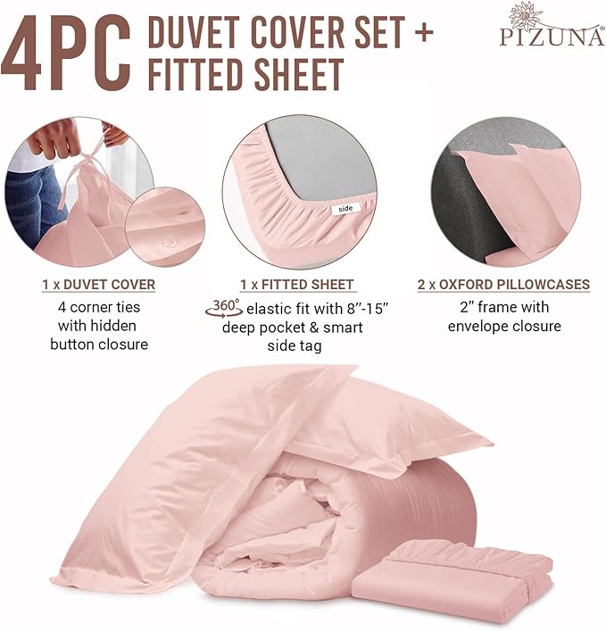 Pizuna 100% Cotton King 3 Pc Duvet Cover + 1 Pc Fitted Sheet Set 400 Thread Count Light Pink Sateen Weave Luxurious Long Staple Cotton 4 Piece Bedding Set-1 Duvet Cover, 2 Pillow Shams, 1 Fitted Sheet