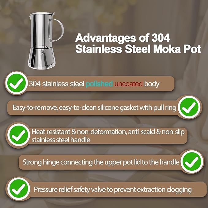 Uncoated 6 Cup Moka Pot 304 Thickened Stainless Steel Coffee Maker Stovetop Espresso Coffeemaker Italian Classic Style Brewing Greca Cafe Mocha Machine for Cafeteras Camping Travel Home 300ml 10oz