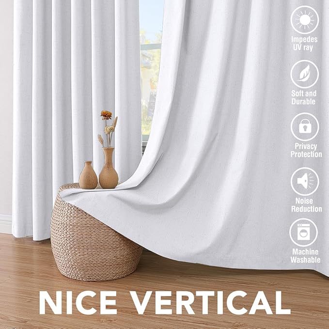 H.VERSAILTEX White Blackout Curtains, Thermal Curtains 96 inches Long 100% Blackout Textured Linen Look Curtain Draperies Anti-Rust Grommet Drapes, 2 Panels, Bright White