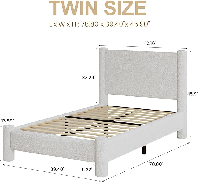 Twin Size Bed Frame, Boucle Upholstered Platform Bed with Headboard and Footboard, Soft Rounded Corners, No Box Spring Required, Easy Assembly, White