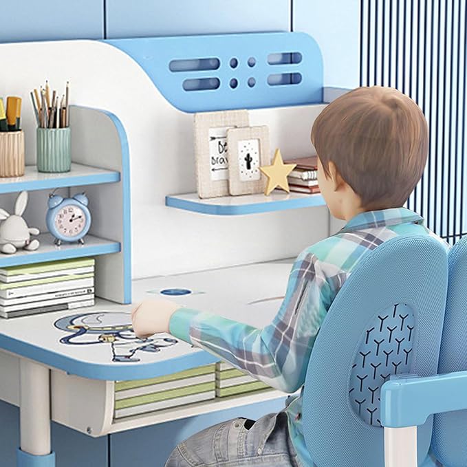 Small Desk, Standing Desk, Desk Chair Set, Height Adjustable Children School Study Table Chair Set with Astronaut Pattern, Ergonomic Desk Chair with Large Writing Board, Bookshelf and Drawer (Blue)