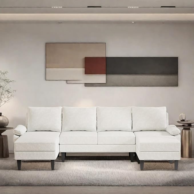 FONTOI 115 Inch U Shaped Sectional Couch with Chaise, 5-Seat Sofa with Moveable Ottoman, Modern Modular Sofa for Living Room, Apartment, Off-White