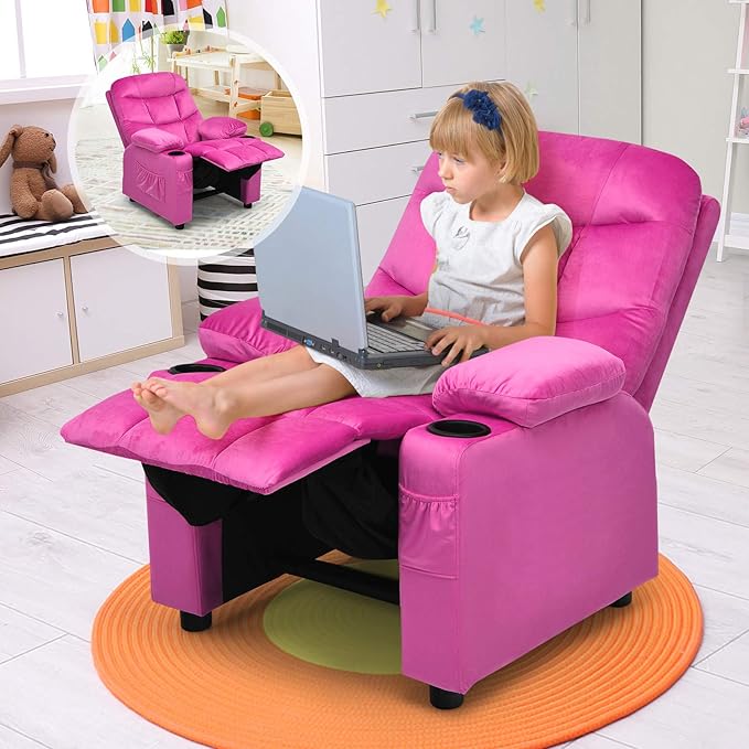 Costzon Kids Velvet Recliner Chair with Cup Holder, Footrest & Side Pockets for Children Boys Girls Baby Bedroom, Adjustable, Ergonomic Toddler Furniture Sofa Gifts (Rose)