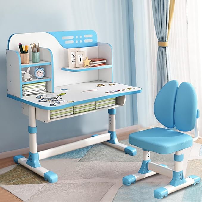 Small Desk, Standing Desk, Desk Chair Set, Height Adjustable Children School Study Table Chair Set with Astronaut Pattern, Ergonomic Desk Chair with Large Writing Board, Bookshelf and Drawer (Blue)