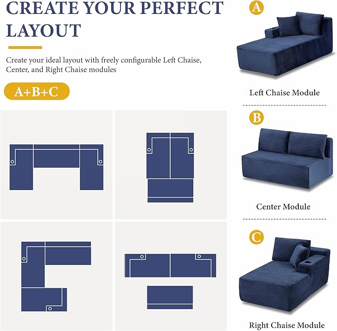 104''Sectional Cloud Couch with L Shaped Chaise,Modern Modular Sectional Sofa,Boneless Couch with Deep Seat,Comfy Couches for Living Room (Blue, U Shaped)