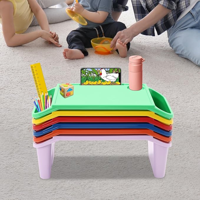 6 Pcs Kids Lap Desk Tray, Plastic Breakfast Lap Desk Trays with Side Pockets and Slot, Portable Lap Table Snack Tray for Eating, Writing, Drawing, Game, 19.69" L x 9.84" W x 7.1" H (6 Colors)