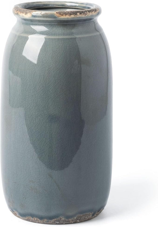 VICTOR & TERESA Rustic Large Blue and Grey Vase for Home Decor, 10'' Tall Ceramic Vases for Flowers, Farmhouse Decorative Vases for Pampas Grass, Table, Mantel, Living Room, Centerpieces