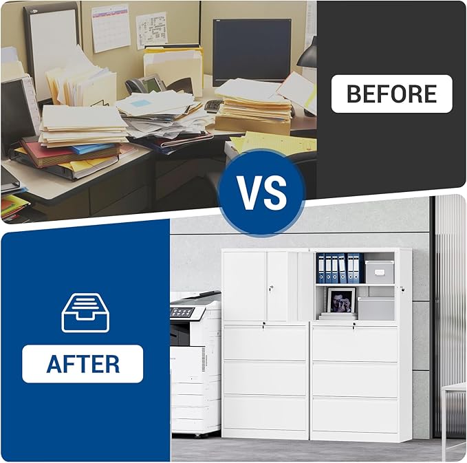 3 Drawers Metal Lateral File Cabinet with Lockable Drawer and Dorrs - White Large Steel Filing Cabinet for Home Office Hanging Files Letter/Legal/F4/A4 Size