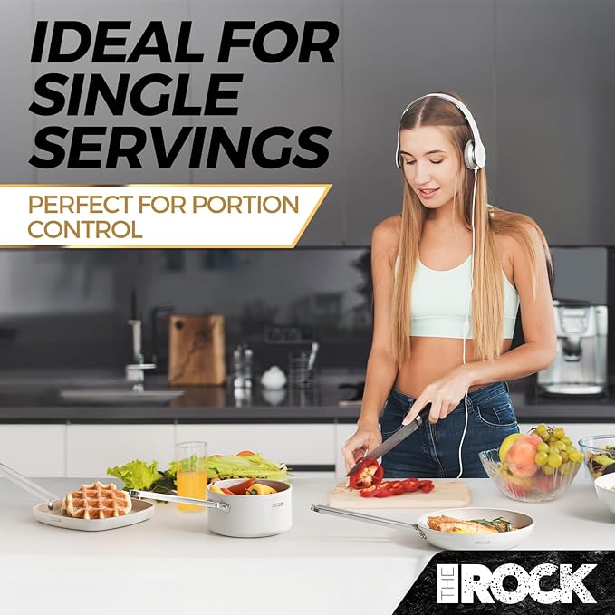 THE ROCK Single Serve Nonstick Pots and Pans Set, 4pc Portion Control Cookware Set with Rock.Tec, Scratch/Stain/Crack Proof, Oven & Dishwasher Safe, Perfect for Dorm, Camping & Small Kitchens, White