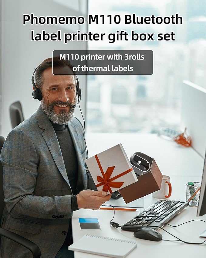 Phomemo Label Maker - M110 Address Label Printer Bluetooth Thermal Printer for Business, Office, School, Home-use, Barcode, Logo, Clothing Labels, with 3 Label Roll, Black