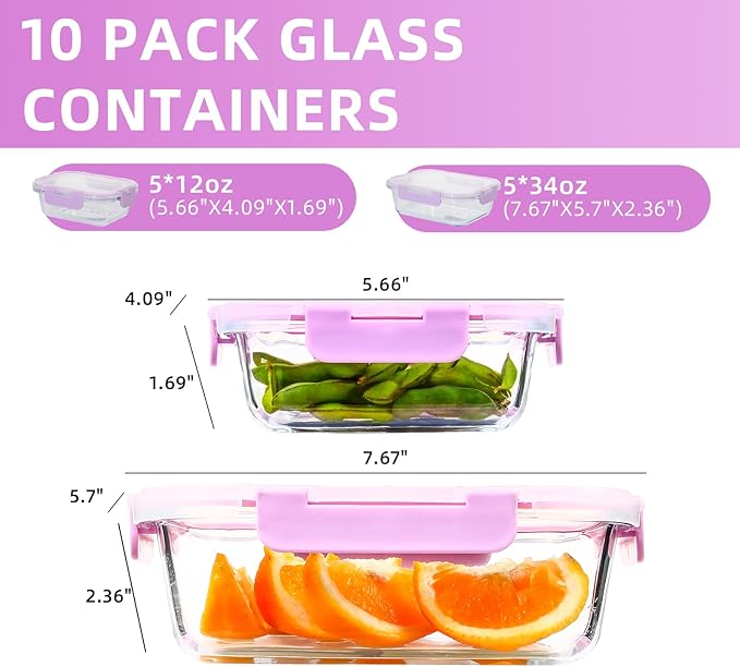 UMEIED 10 Pack Glass Food Storage Containers with Lids, Leakproof Airtight Glass Meal Prep Containers For Lunch, On The Go, Leftover, Dishwasher Safe
