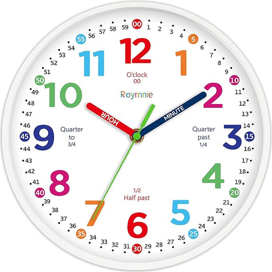 Wall Clock for Kids Learning to Tell Time Non Ticking Battery Operated Kids Teaching Clock Small Teaching Time Clock Decorative for Kids Room Classroom School (8 Inch)