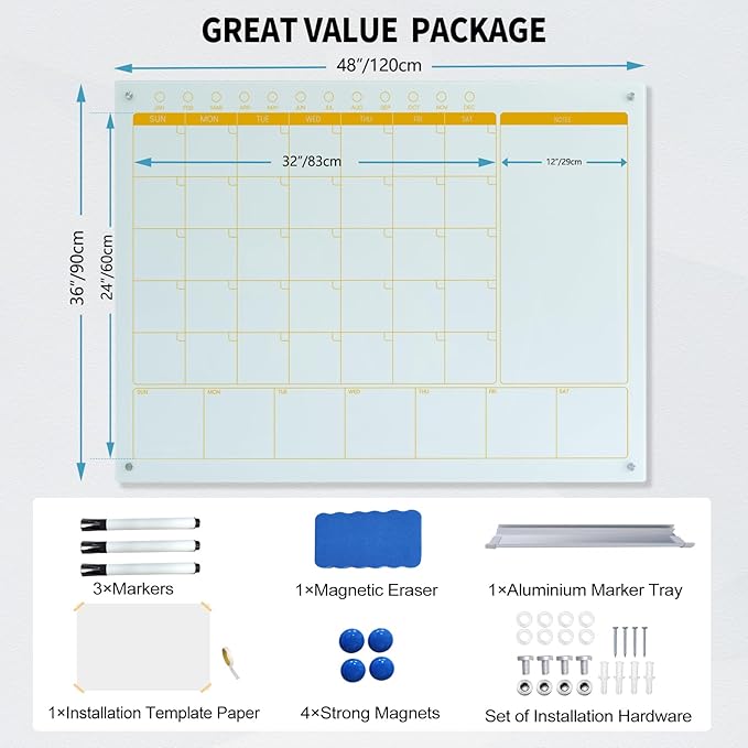 Magnetic Glass Whiteboard Calendar 48"x36" Glass Dry Erase Calender Board 36"x48" Monthly Plan White GlassBoard Wall Mounted for Office School Home (White)