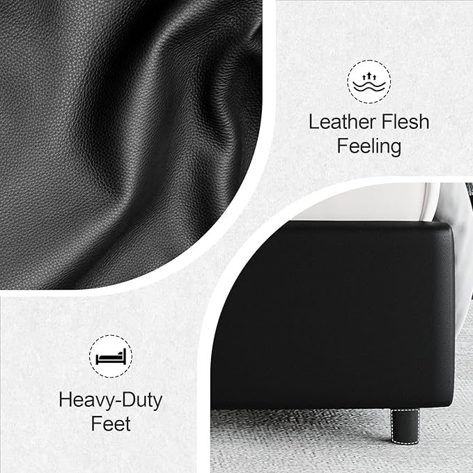 Full Size Bed Frame with LED Lights, Faux Leather Upholstered Platform with Silver Wingback Headboard, Modern Style, No Box Spring Needed, Easy Assembly, Black