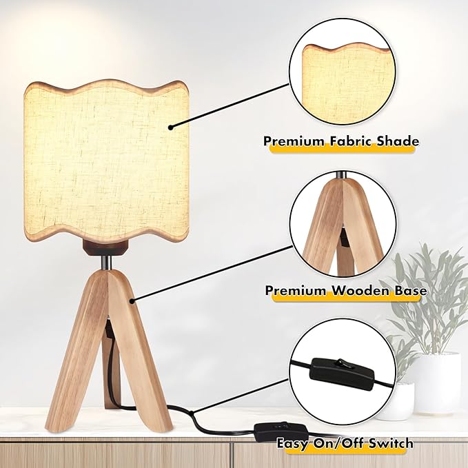 Hamilyeah Bedside Lamps Set of 2, Beige Table Lamps with Scalloped Shade, Fabric Linen Lamps for Night Stands with On/Off Switch, Industrial Desk Lamps for Bedroom, Living Room