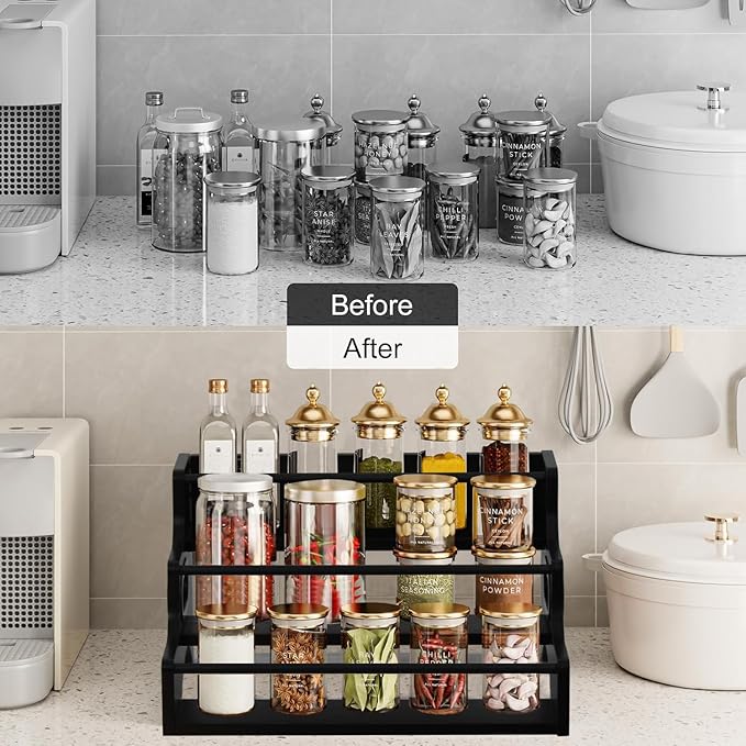AT-VALY 3-Tier Spice Rack, Iron & MDF Kitchen Storage Shelf, Space-Saving Countertop Organizer for Spices, Herbs, Seasonings, Sturdy Stylish Condiment Holder (Black Grain)