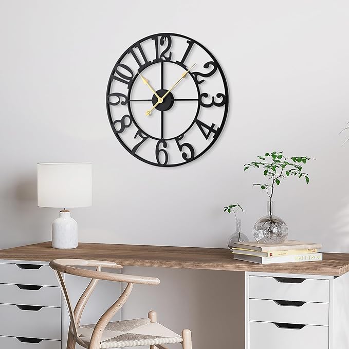 Wall Clock Battery Operated,Silent Non Ticking Modern Rustic Metal Small Clocks for Living Room/Bedroom/Office/Kitchen/Farmhouse Home Decor-14IN(Arabic Number-Black)