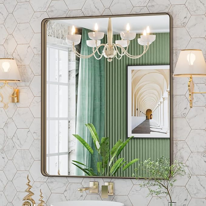 LOAAO 30”X36” Bronze Bathroom Mirrors for Vanity, Rounded Rectangle Brushed Bronze Metal Frame Mirror, Anti-Rust, Tempered Glass, Hangs Horizontally or Vertically
