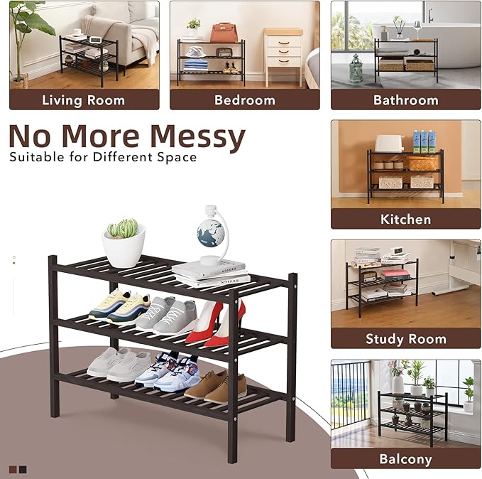 3 Tier Bamboo Shoe Rack Storage Organizer for Closet, Multifunctional Stackable Free Standing Shoe Shelf Organizer for Small Space,Entryway, Hallway, Bathroom27 x11 x20(Brown, 3 Tier)