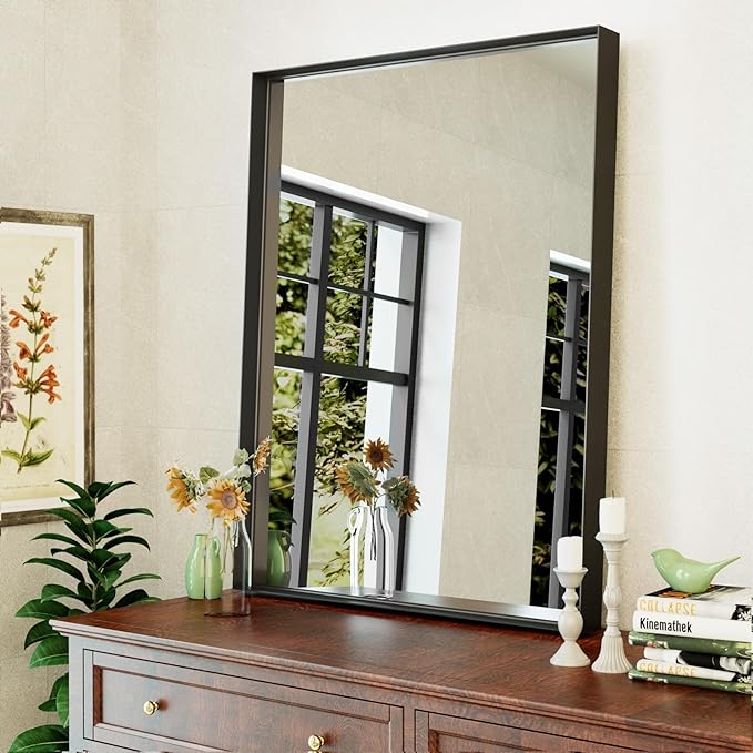 48”x 30” Black Bathroom Mirrors for Over Sink,Large Wall Mounted Rectangular Mirror, Metal Framed, Tempered Glass, Black Bathroom Vanity Mirror, Horizontal/Vertical