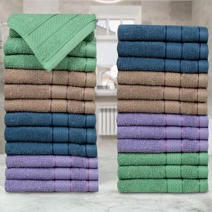 Casa Lino Face Towels & Body Wash Cloths for Showering - 100% Cotton Wash Cloths for Bathroom - Highly Absorbent & Quick Drying Washcloth Set - Cotton Washcloths 24 Pack (12" x 12") - (Multicolor II)