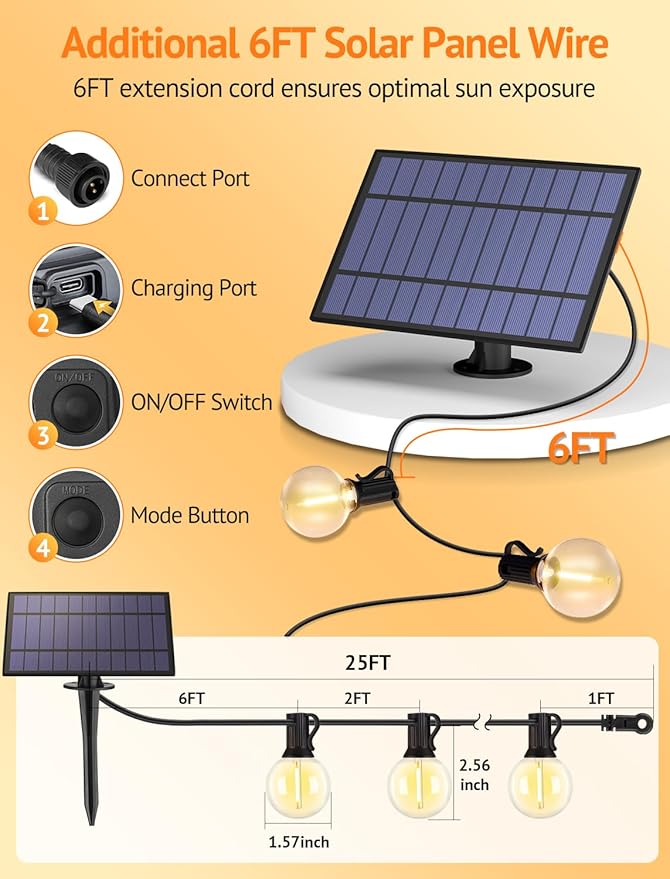 25FT Solar String Lights Outdoor with Remote, Waterproof Dimmable 3 Modes Patio Lights with 10+1 LED Shatterproof G40 Bulbs for Backyard-Black