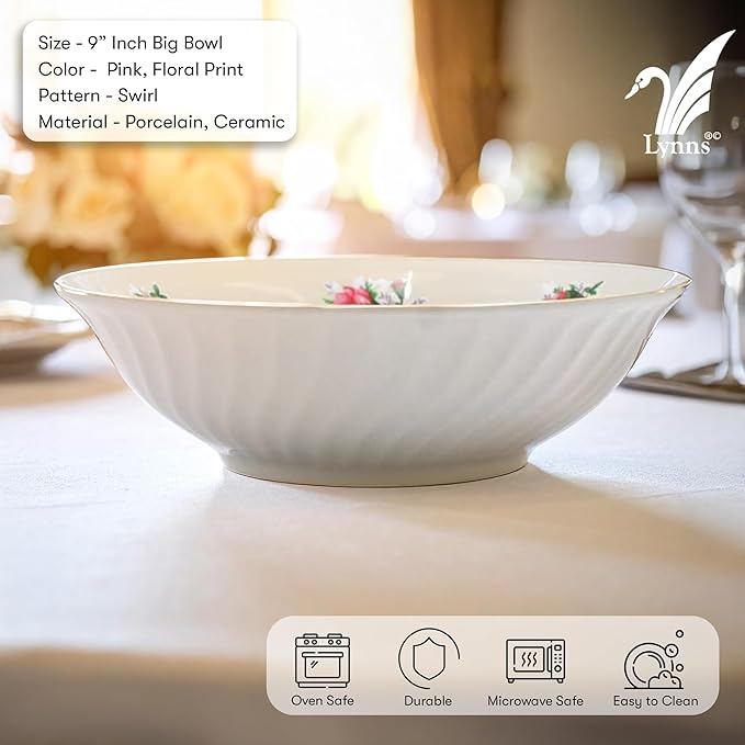 Lynns Paradise Vintage Rose 9-Inch Big Bowl, Set of 3, Pink; 24K Gold Trim, Embossed Swirl, Colorful Floral Print, Porcelain