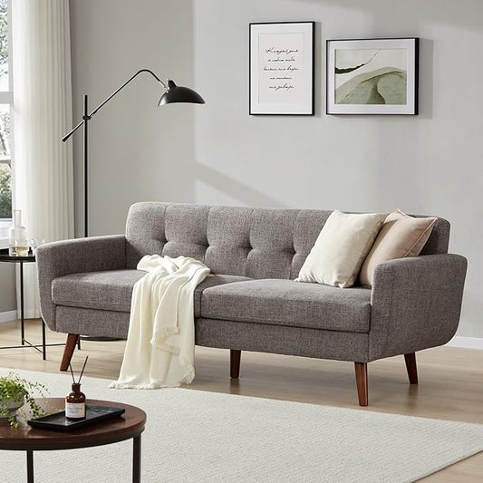 Tbfit 77.2" W Linen Sofa Couch, Mid Century Modern Decor Loveseat Couches for Living Room, Button Tufted Upholstered Small Couch for Bedroom, Solid, and Easy to Install Love Seats Furniture, Grey