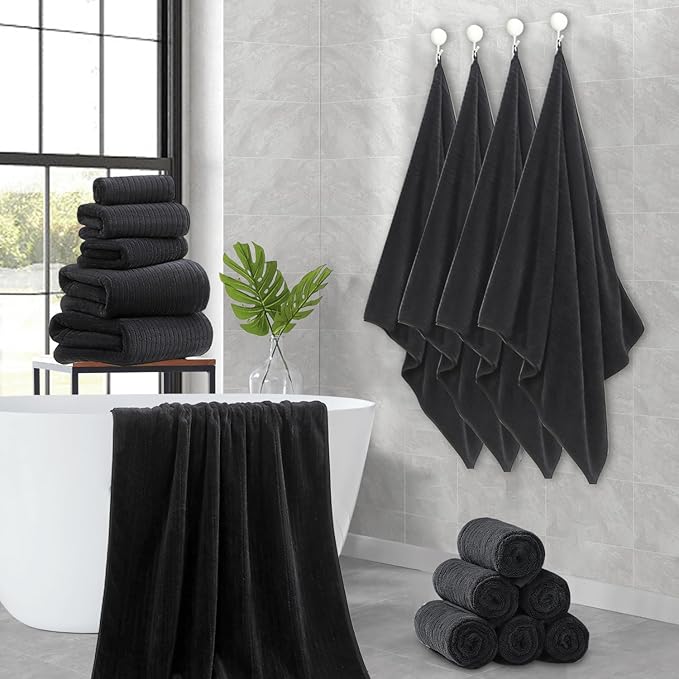 18 Piece Family Bath Towel Set Include 6 Bath Towels,6 Hand Towels and 6 Washcloths Soft Bathroom Towel with Hanging Loops,Highly Absorbent Quick Dry Towels Set for Bathroom,Hotel and Spa-Black