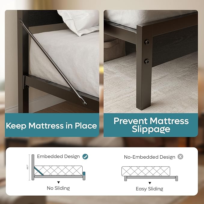 Bestier Full Bed Frame with Storage Headboard and Charging Station, Black Platform Bed Frame with LED Light, Non-Slip Metal Bed Frame, Noise-Free, Easy Assembly