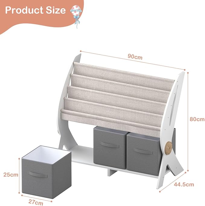 Kids Bookshelf Small 4 Sling Wood Book Rack Kids Room Bookcase Display Stand with 3 Toy Storage Organizer Cube Bins Children Toddler Baby Gift Boys Girls Bedroom Playroom Nursery