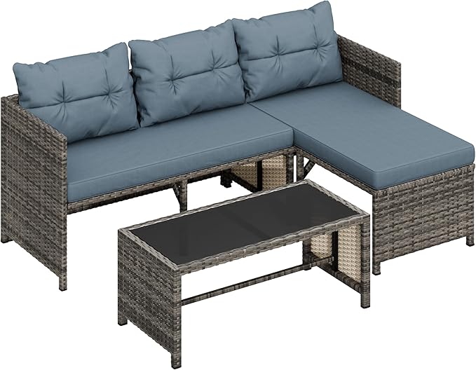 Shintenchi Outdoor Patio Furniture Sets, Wicker Patio sectional Sets 3-Piece, All Weather Wicker Rattan Patio Seating Sofas with Glass Coffee Table and Cushion (Blue Grey)