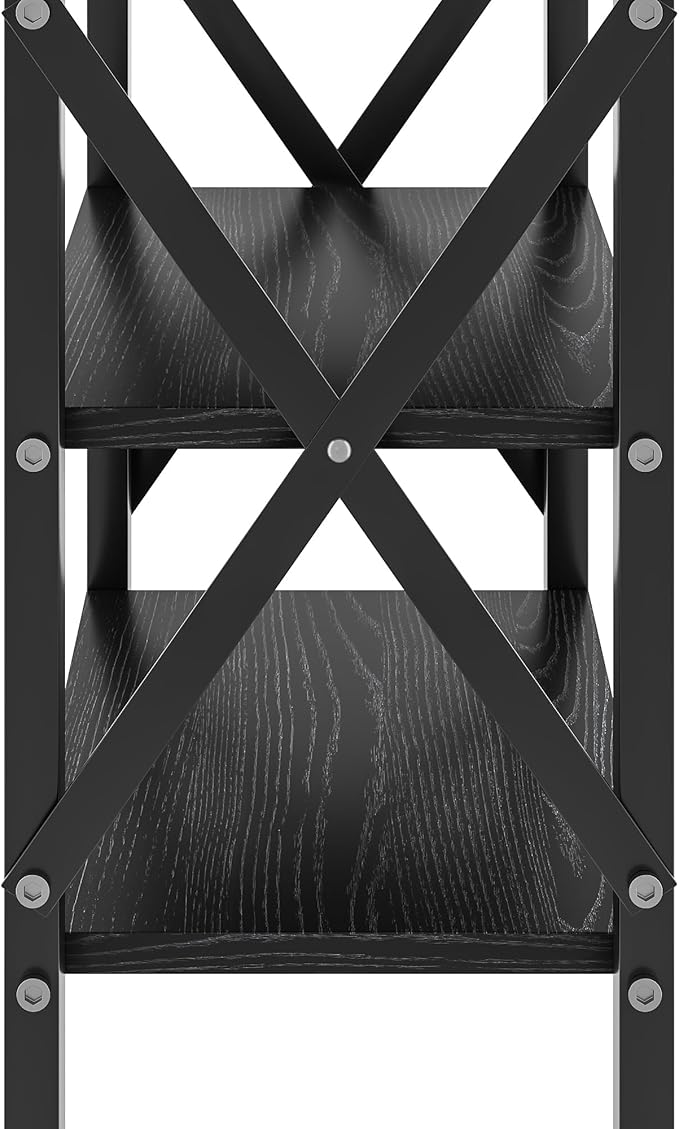 VECELO End Table, Bedside Table, 24" Tall Living Room End Tables, X-Design Reinforced Nightstands, Side Table with 3-Tier Storage Shelves for Small Spaces, Office, Bathroom, Bedroom, Classic Black